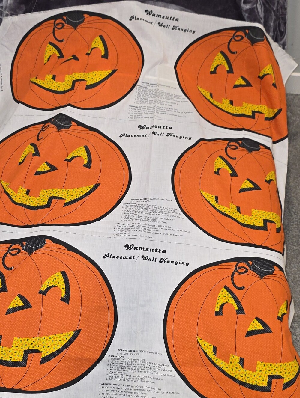 Wamsutta Vintage Orange & Black Jack-O'-Lantern Placemat Panel Sewing Craft